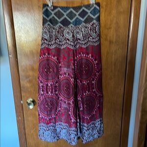 Vibrant Red Wide Leg Pants with Intricate Patterns